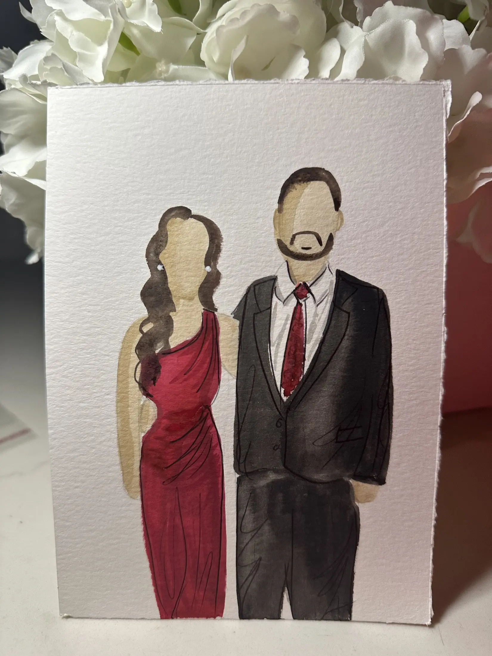 Couple en robe rouge et costume foncé — aquarelle par Gabrielle