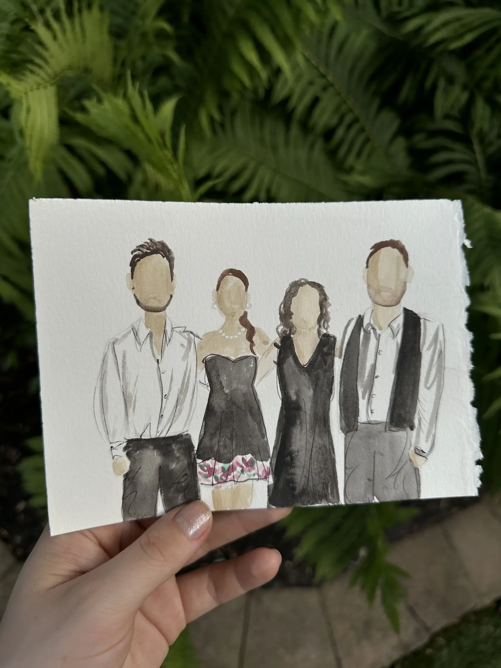 Quatre invités peints ensemble sur du papier à bords frangés — aquarelle par Gabrielle