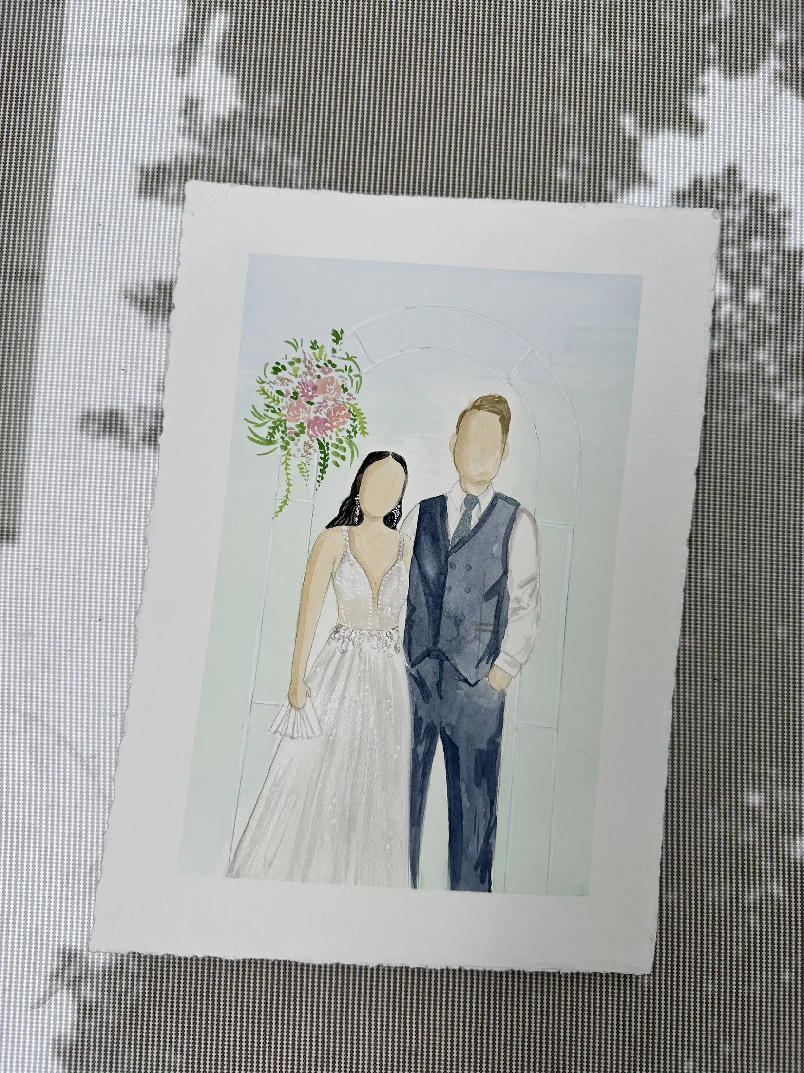 Portrait de mariage avec un bouquet rose — aquarelle par Gabrielle