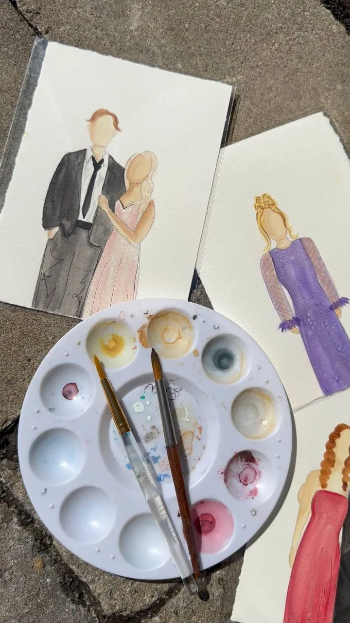 Aquarelles de tenues et silhouettes d’invités peintes par Gabrielle